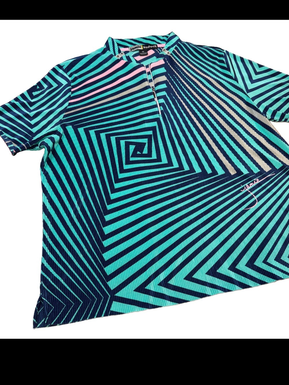 Jamie Sadock 2XL women’s short-sleeve 1/4-zip golf top aqua, pink, blue spiral